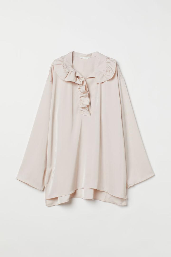 H & M - Ruffle-collared Blouse - Beige
