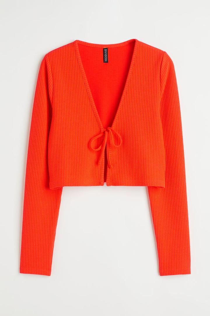 H & M - Ribbed Tie Detail Cardigan - Orange