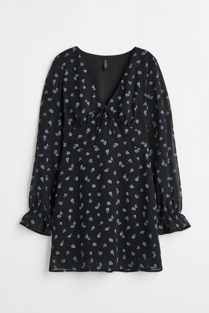 H & M - Tie-front Chiffon Dress - Black