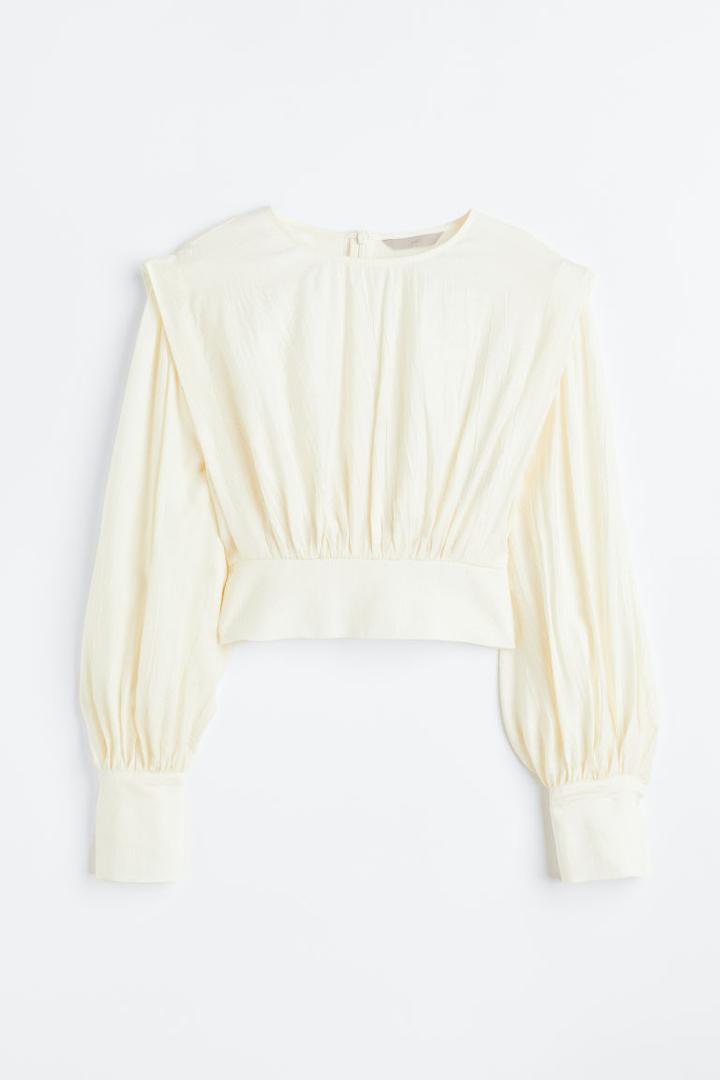 H & M - Defined-shoulder Crped Blouse - White
