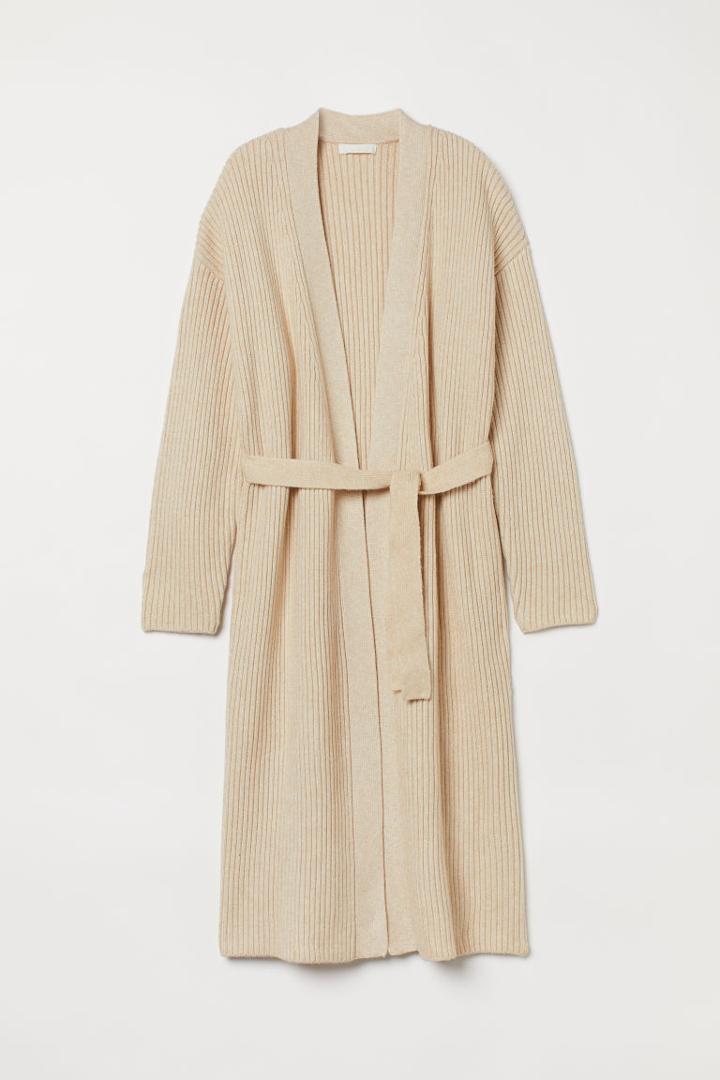 H & M - Long Cardigan With Tie Belt - Beige