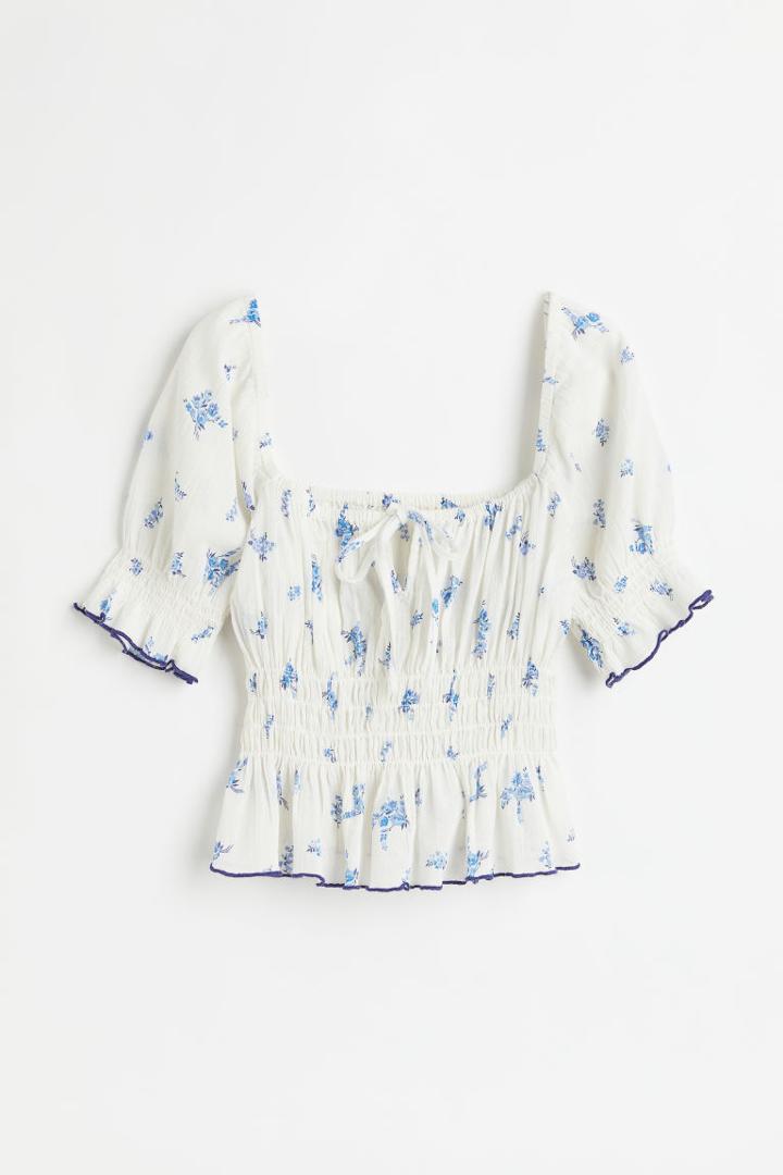 H & M - Puff-sleeved Peplum Blouse - White