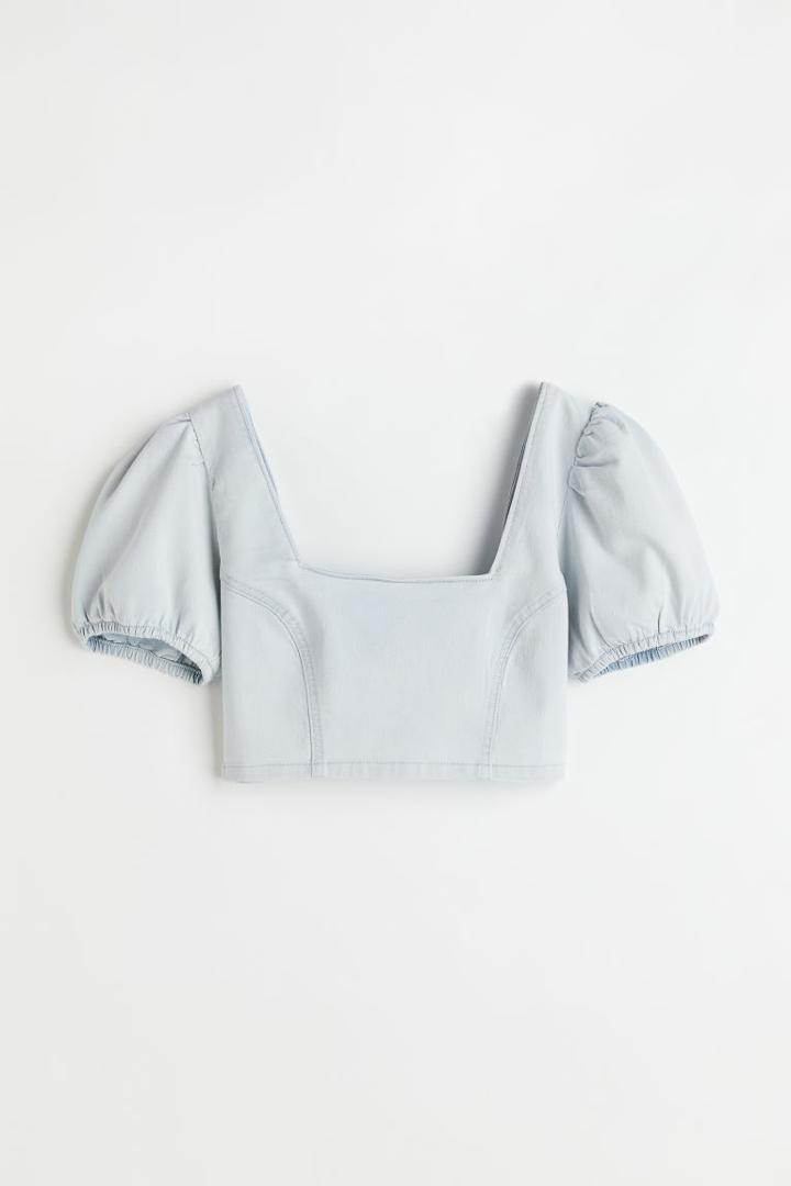 H & M - Puff-sleeved Denim Top - Blue