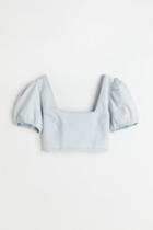 H & M - Puff-sleeved Denim Top - Blue