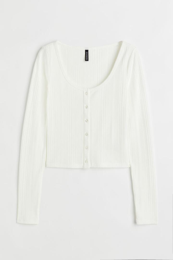 H & M - Button-front Ribbed Top - White