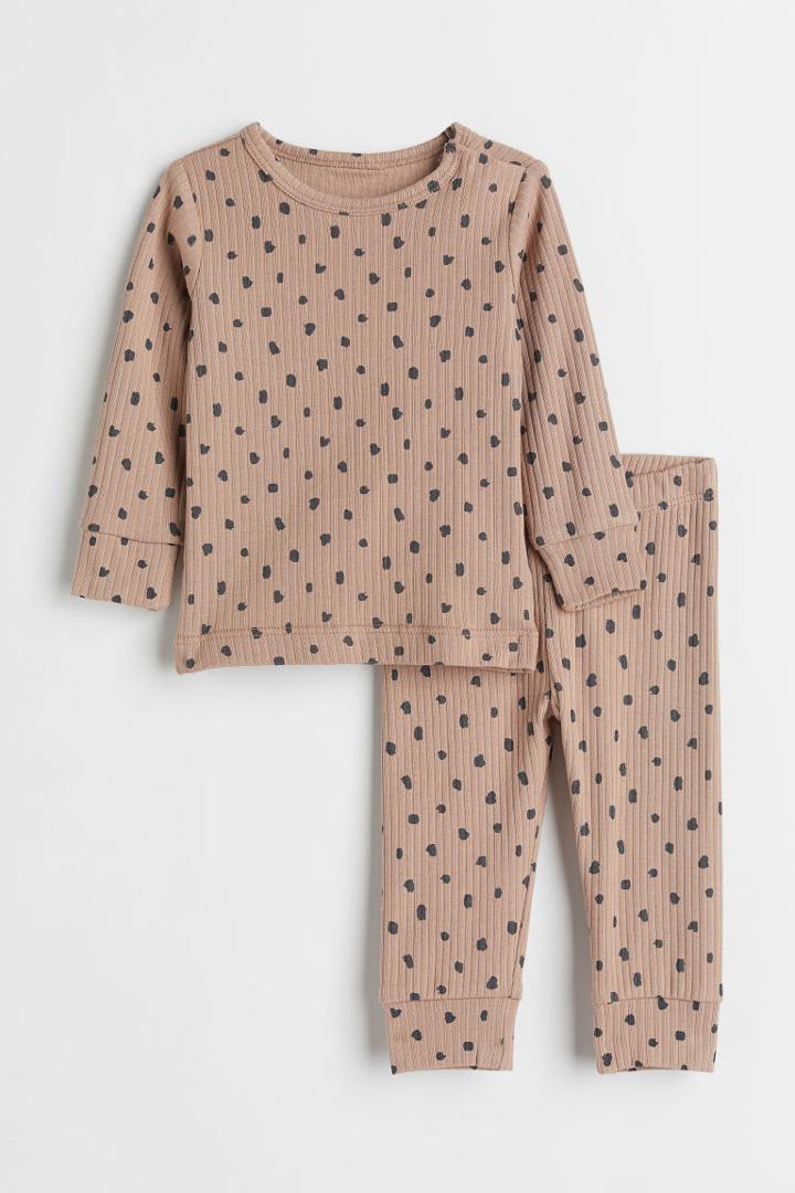 H & M - 2-piece Ribbed Cotton Set - Beige