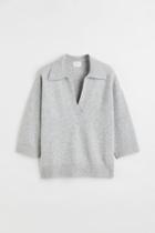 H & M - Fine-knit Collared Sweater - Gray