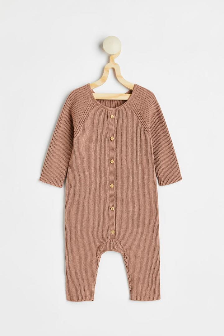 H & M - Rib-knit Cotton Romper Suit - Beige