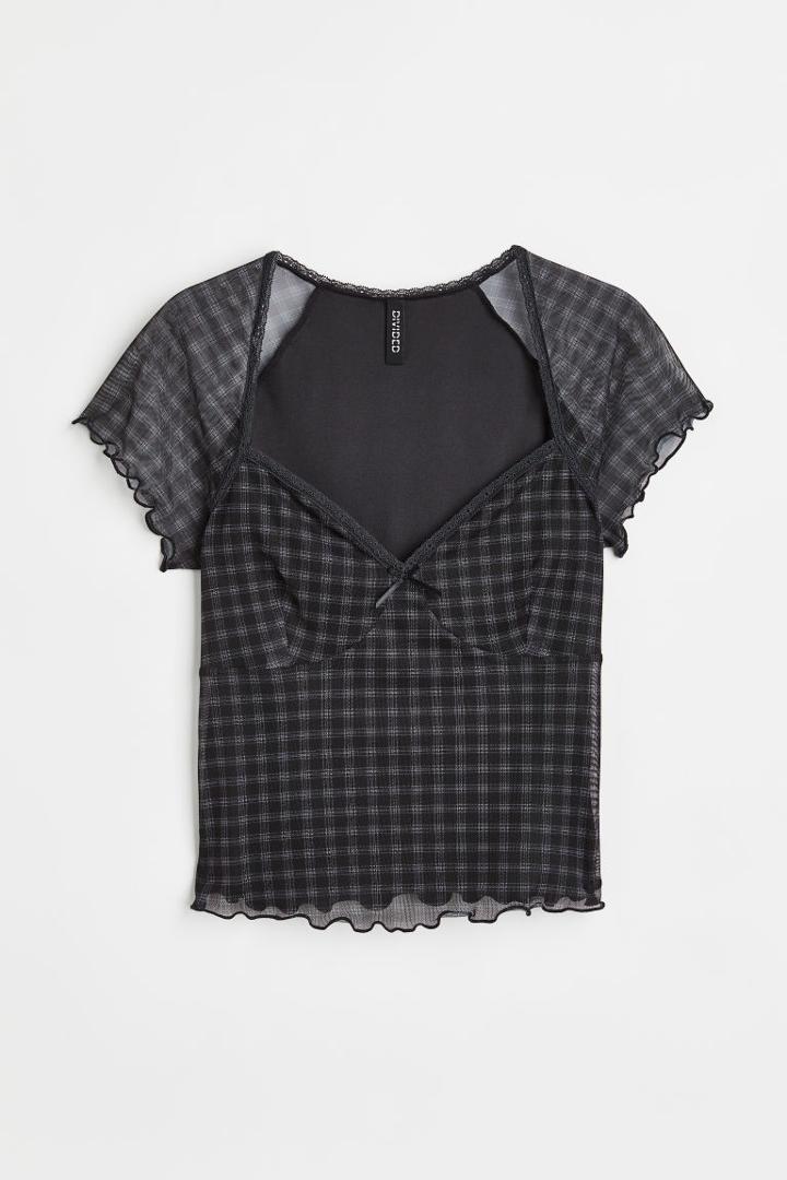 H & M - Lace-trimmed Mesh Top - Black