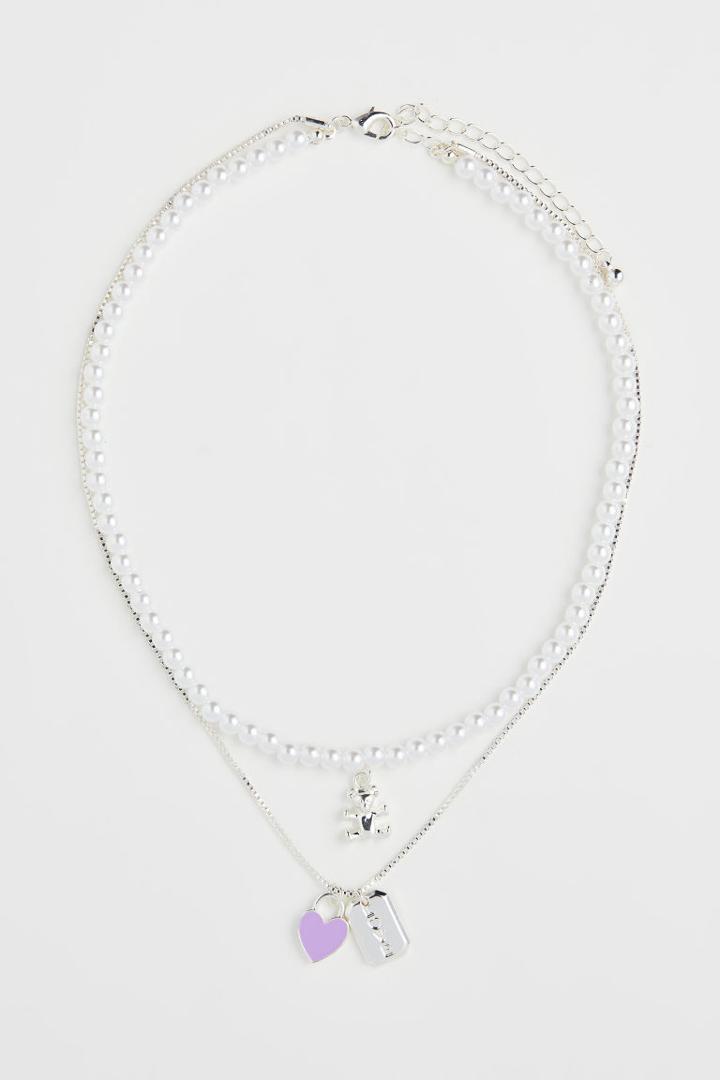 H & M - Double-strand Beaded Necklace - Silver