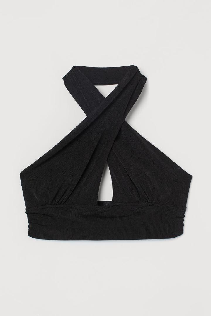 H & M - Velour Halterneck Crop Top - Black