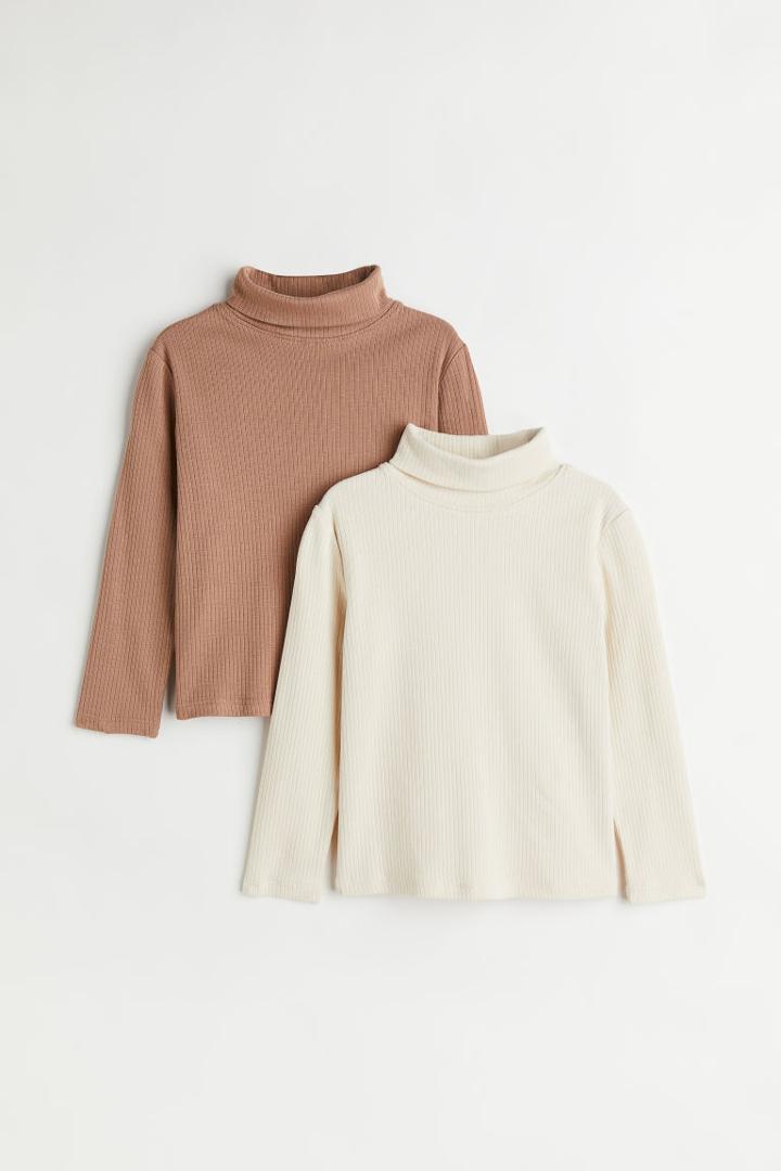 H & M - 2-pack Ribbed Jersey Mock Turtleneck Tops - Beige