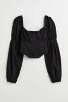 H & M - Puff-sleeved Crop Blouse - Black