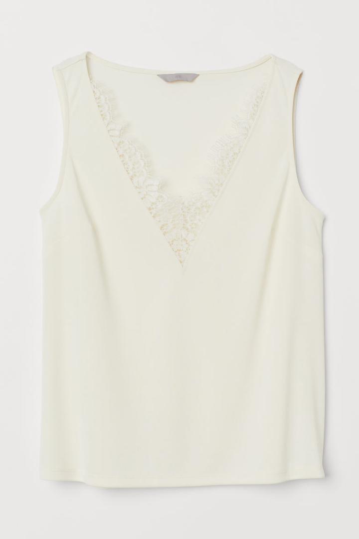 H & M - V-neck Top With Lace - White