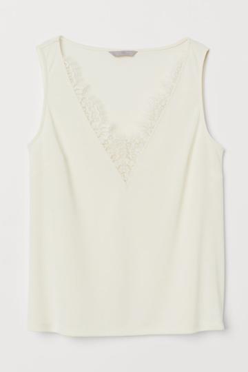 H & M - V-neck Top With Lace - White