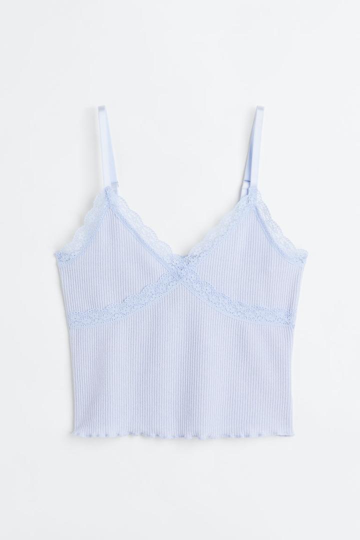 H & M - Lace-trimmed Ribbed Top - Blue
