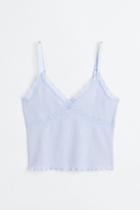 H & M - Lace-trimmed Ribbed Top - Blue