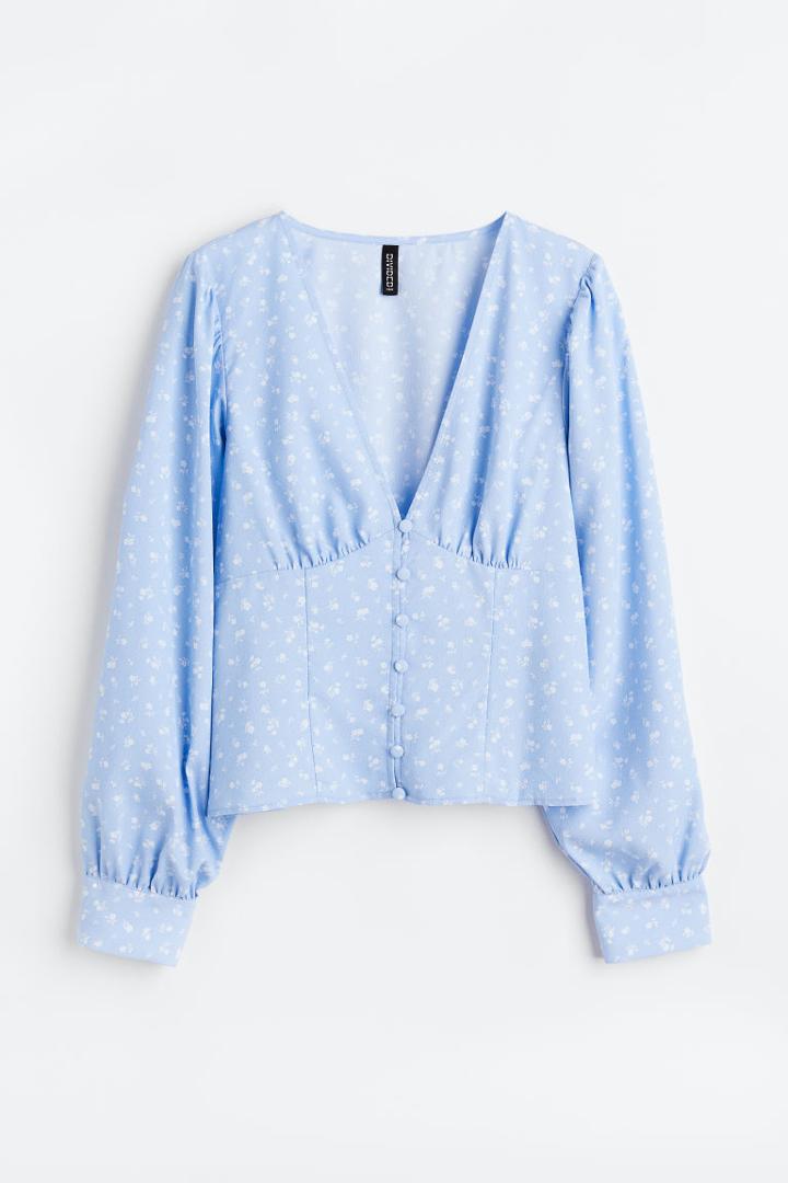 H & M - Button-front Crped Blouse - Blue