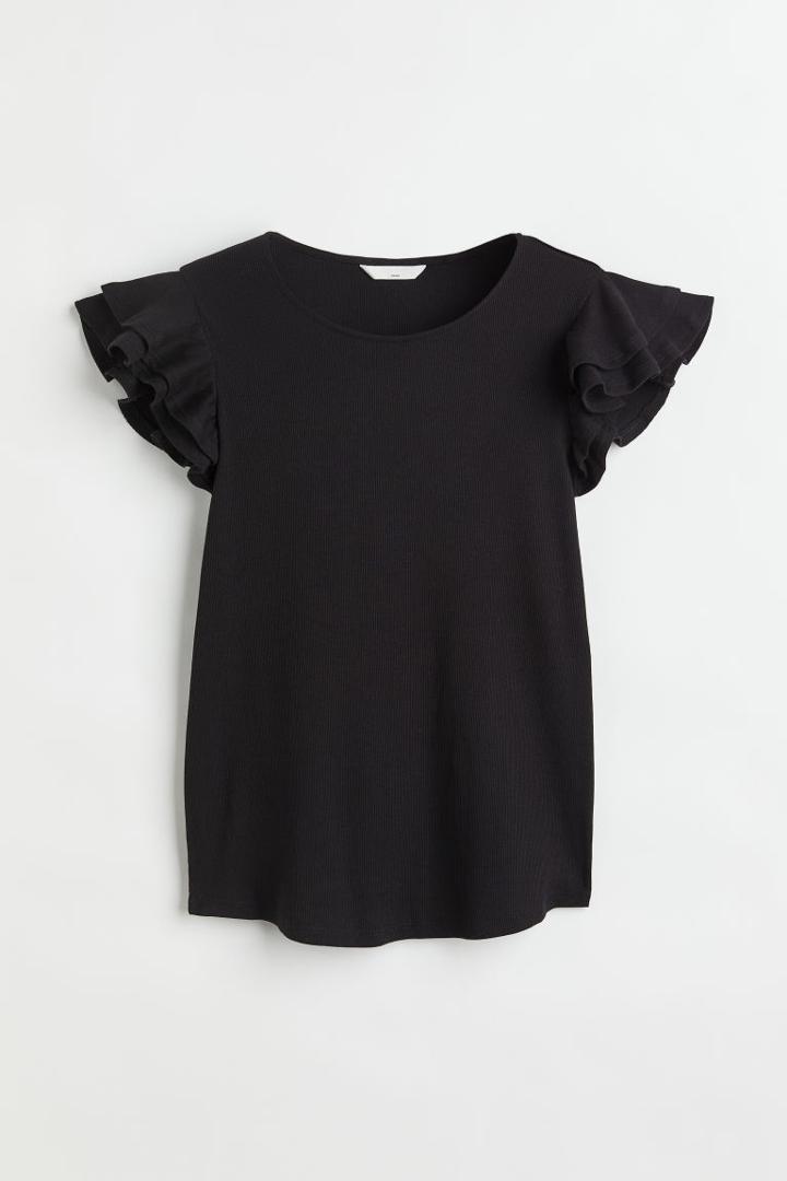 H & M - Mama Flutter-sleeved Jersey Top - Black