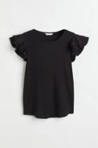 H & M - Mama Flutter-sleeved Jersey Top - Black