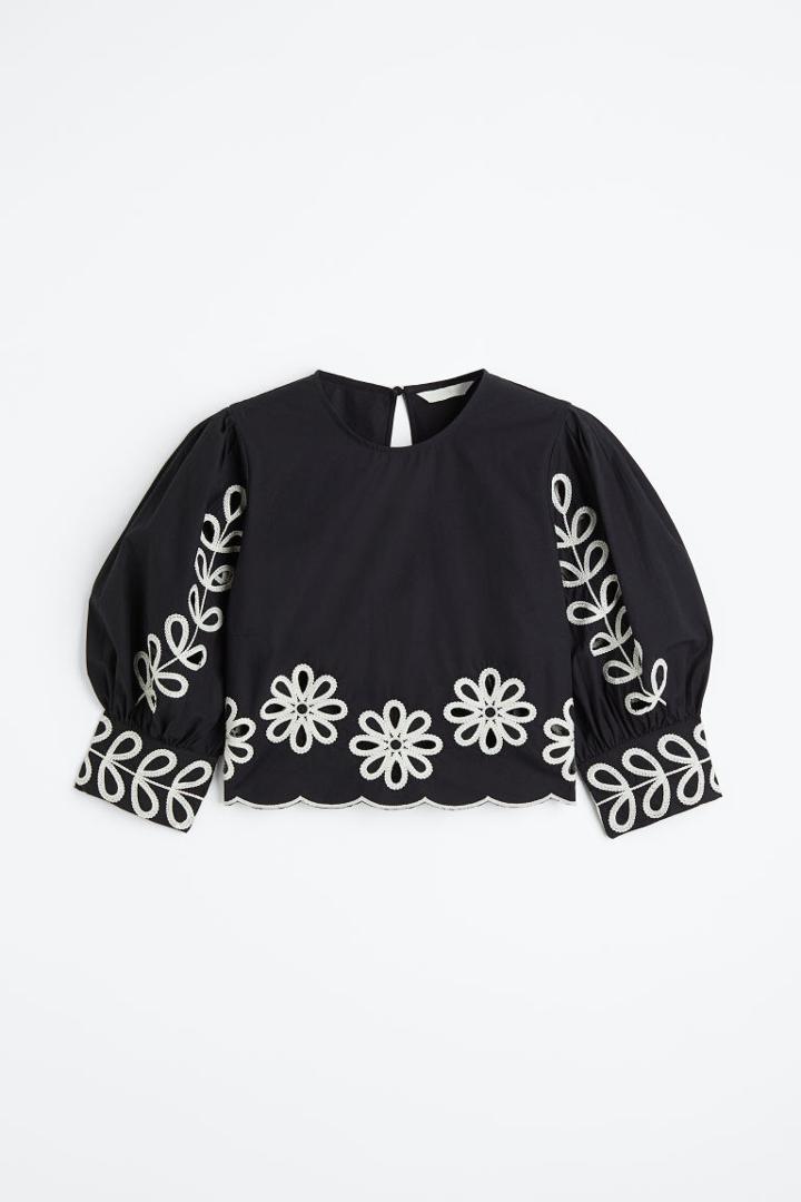 H & M - Puff-sleeved Embroidered Blouse - Black