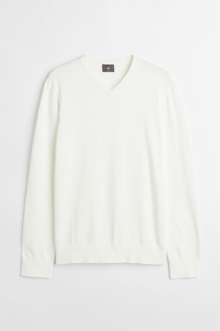 H & M - V-neck Cotton Sweater - White