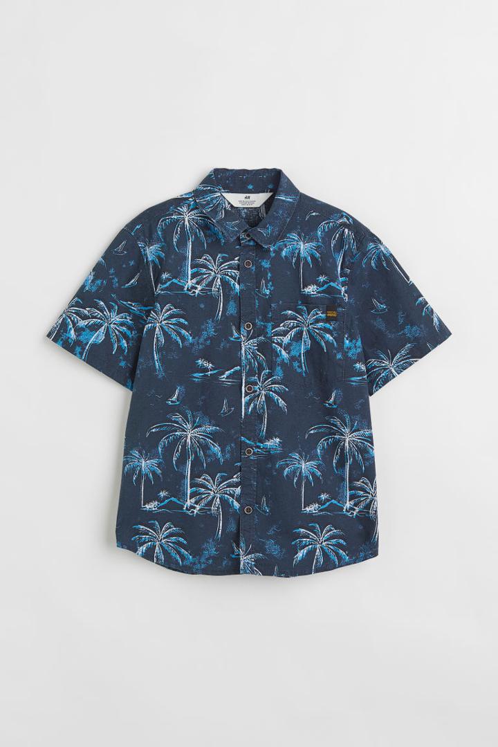H & M - Short-sleeved Cotton Shirt - Blue