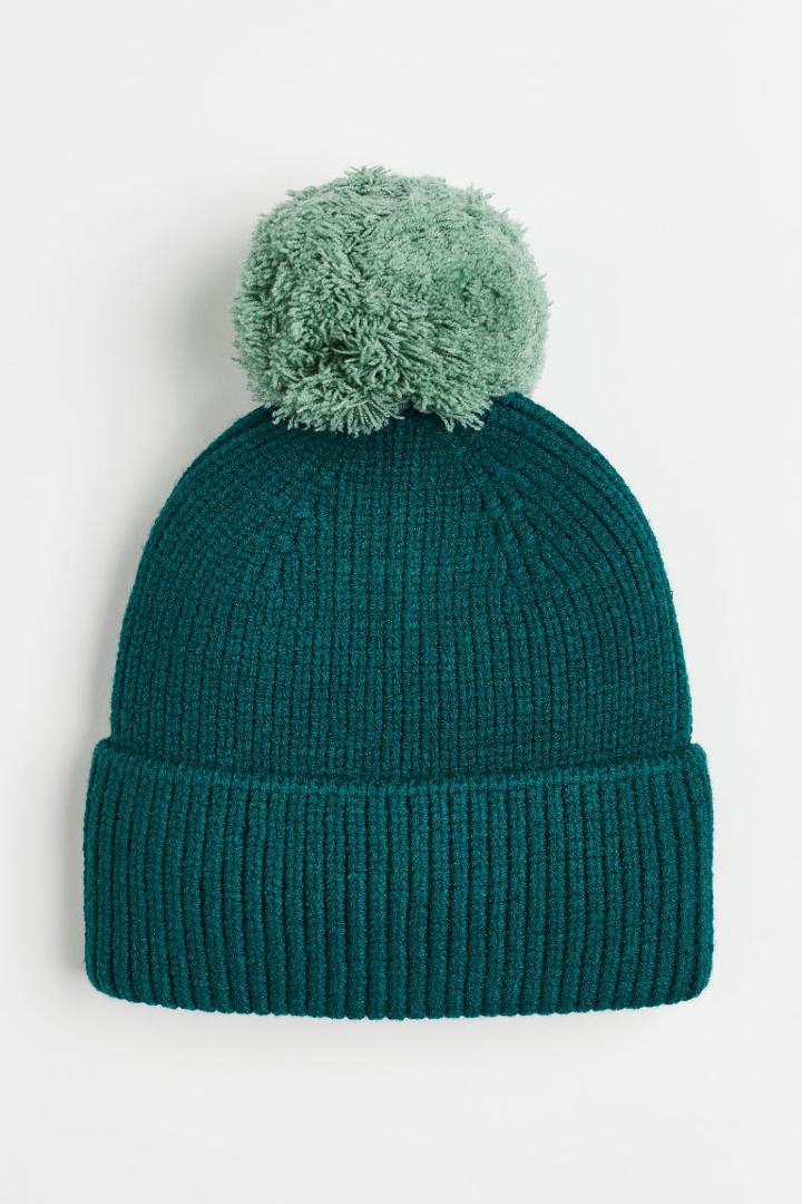 H & M - Rib-knit Pompom Hat - Green
