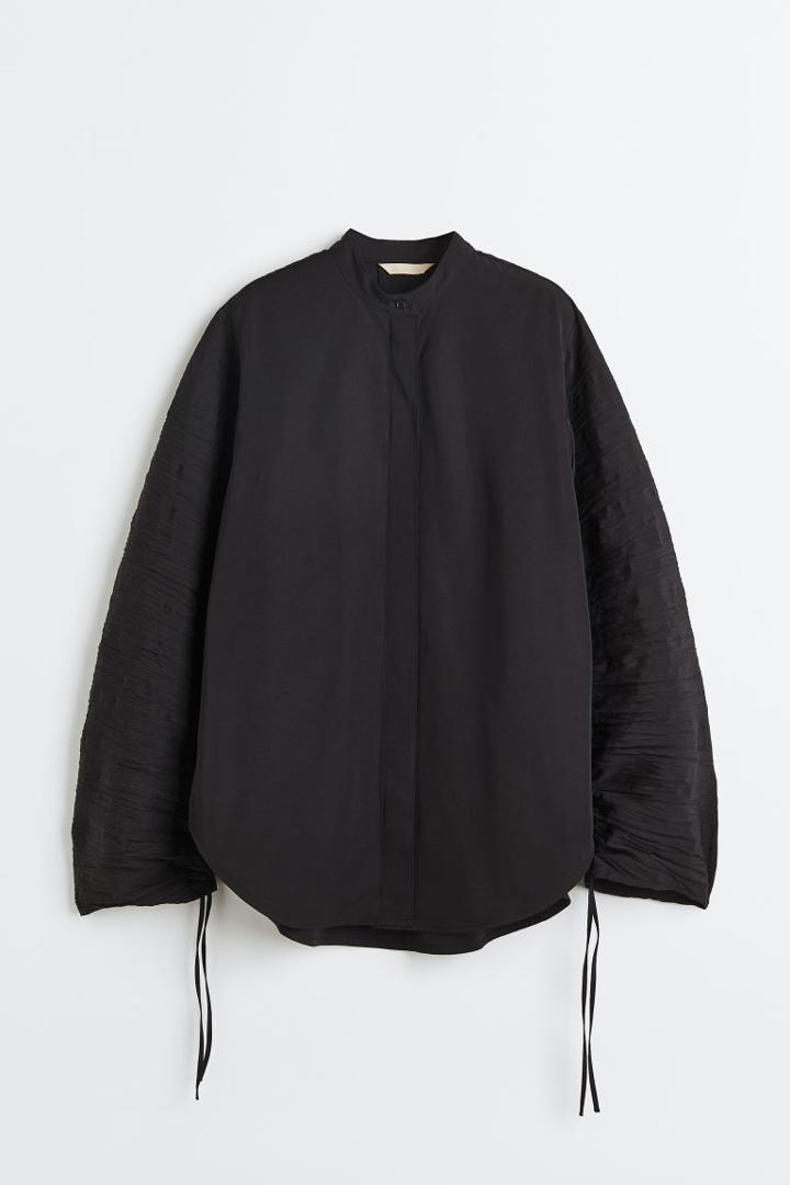 H & M - Oversized Gathered-sleeve Shirt - Black