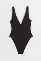 H & M - High Leg Ribbed Swimsuit - Black