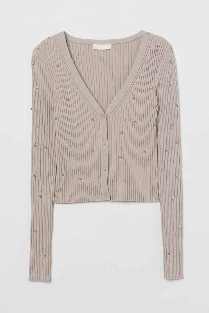 H & M - Rhinestone-embellished Ribbed Cardigan - Brown