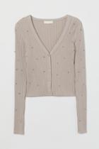 H & M - Rhinestone-embellished Ribbed Cardigan - Brown