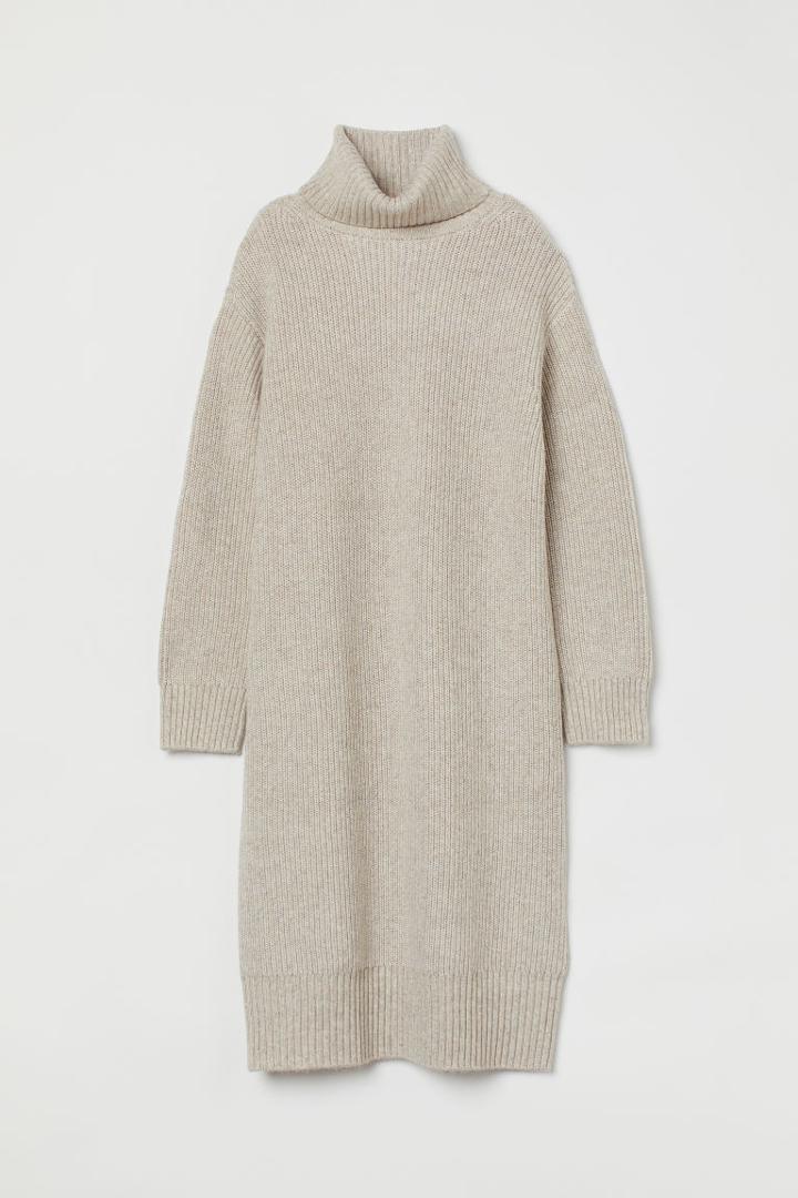 H & M - Rib-knit Turtleneck Dress - Beige