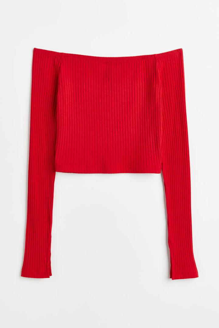 H & M - Fitted Off-the-shoulder Top - Red