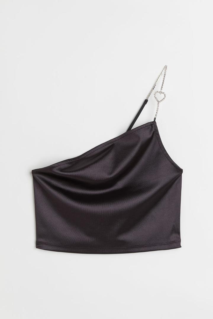 H & M - Rhinestone-strap One-shoulder Top - Black