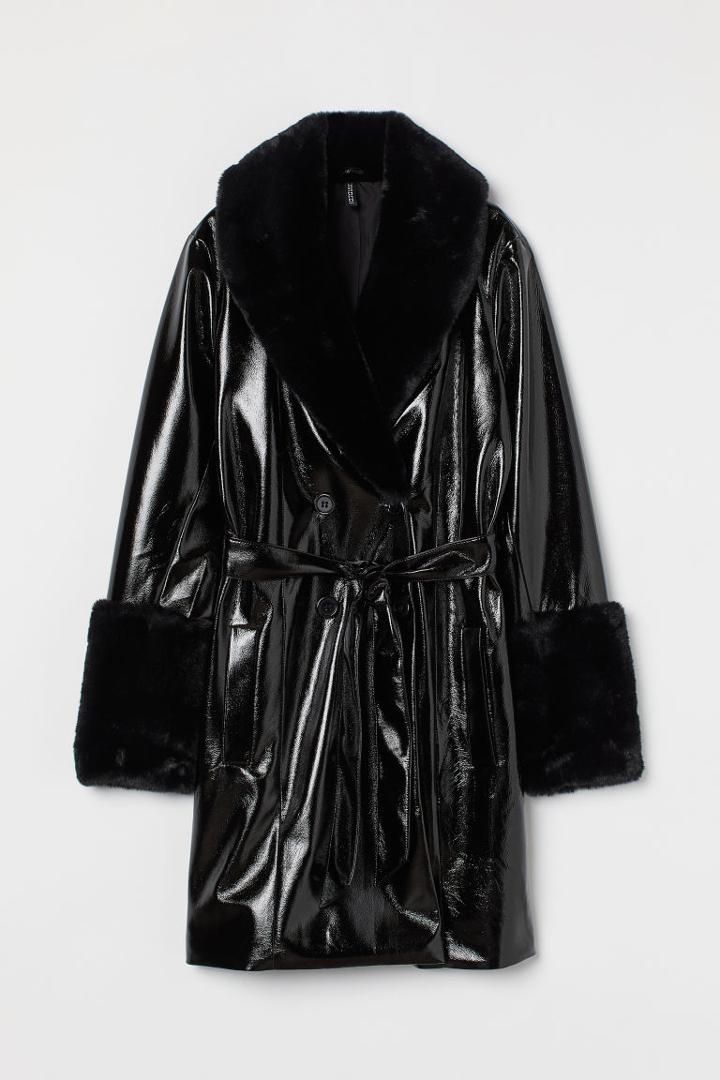 H & M - Faux-fur Trimmed Patent Coat - Black