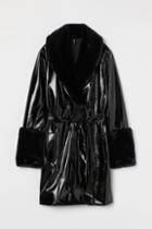 H & M - Faux-fur Trimmed Patent Coat - Black