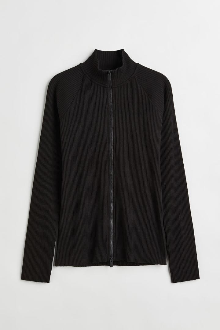 H & M - Ribbed Top With Zipper - Black
