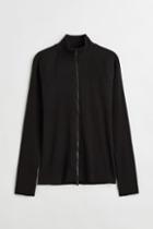 H & M - Ribbed Top With Zipper - Black