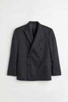 H & M - Regular Fit Double-breasted Linen Jacket - Black