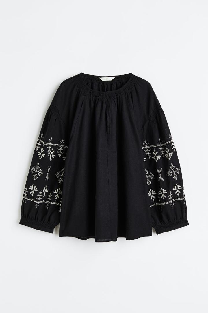 H & M - Linen-blend Embroidered Blouse - Black