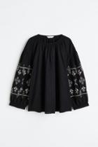 H & M - Linen-blend Embroidered Blouse - Black