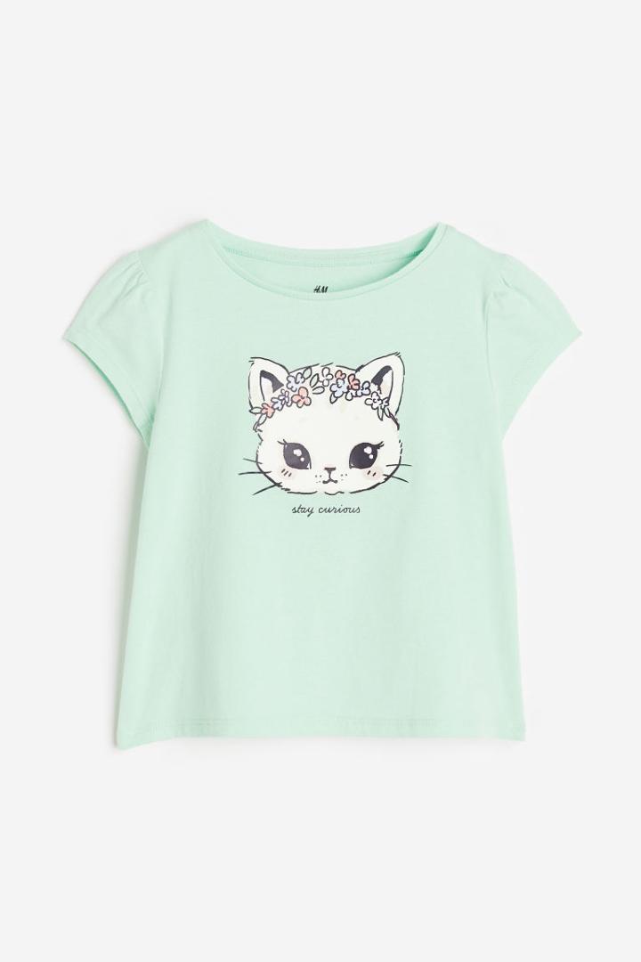 H & M - Puff-sleeved Jersey Top - Green