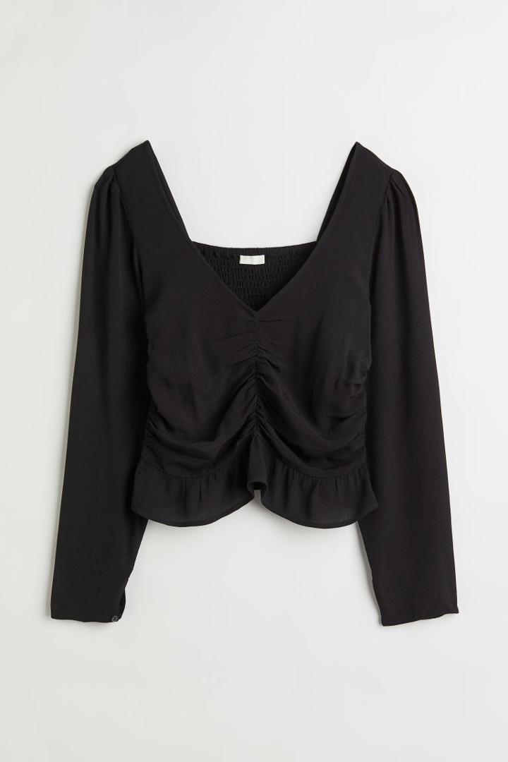 H & M - Puff-sleeved Peplum Blouse - Black