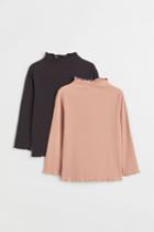 H & M - 2-pack Long-sleeved Ribbed Tops - Beige