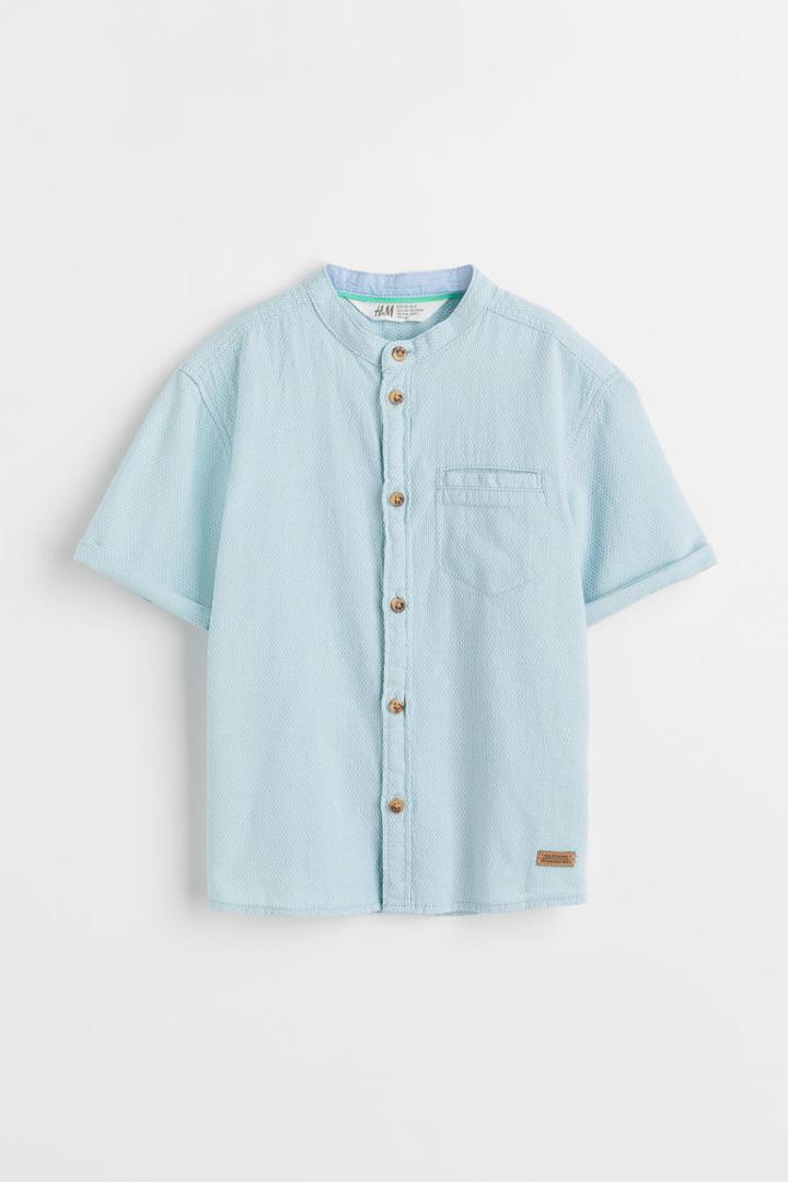H & M - Short-sleeved Band-collar Shirt - Turquoise