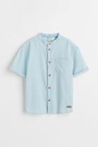 H & M - Short-sleeved Band-collar Shirt - Turquoise