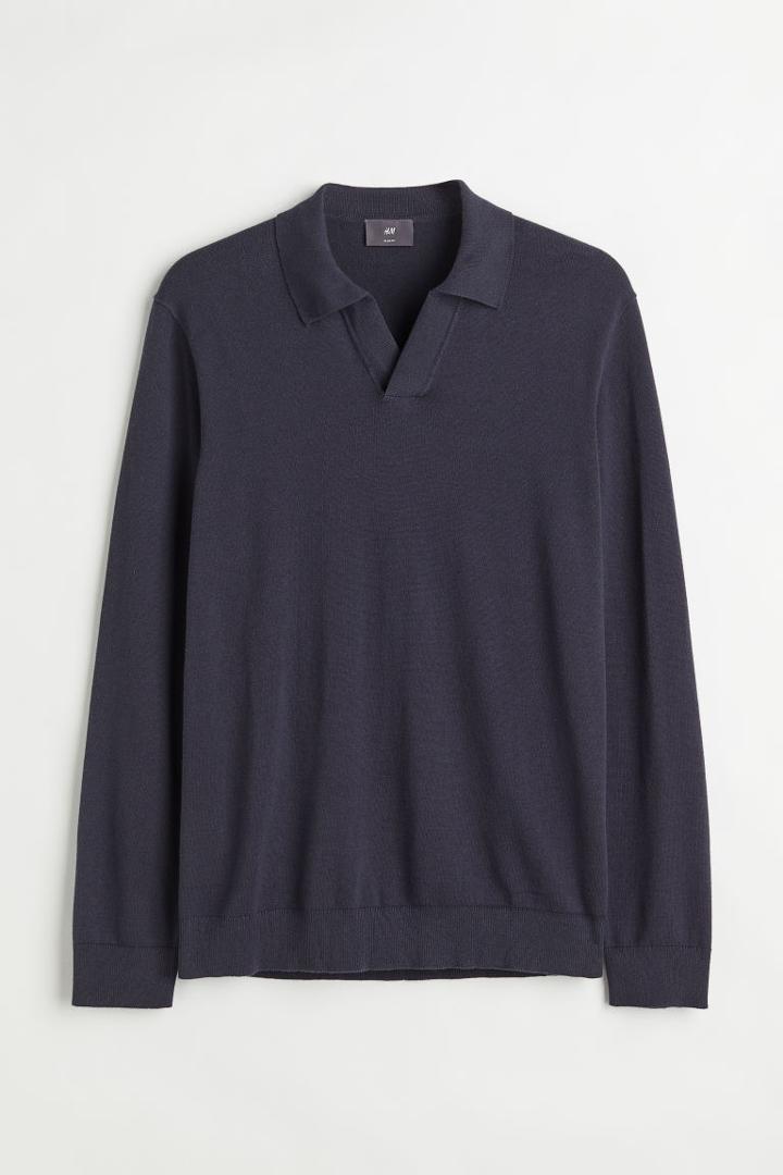 H & M - Slim Fit Fine-knit Cotton Polo Shirt - Blue