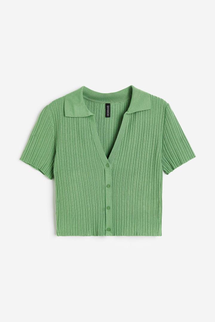 H & M - Rib-knit Top With Collar - Green