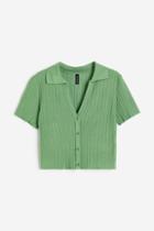 H & M - Rib-knit Top With Collar - Green